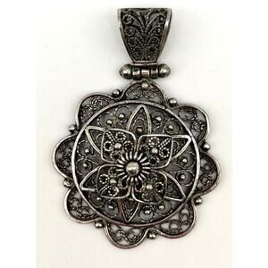 925 Sterling Cannetille Filigree Pendant - Vintage Turkey